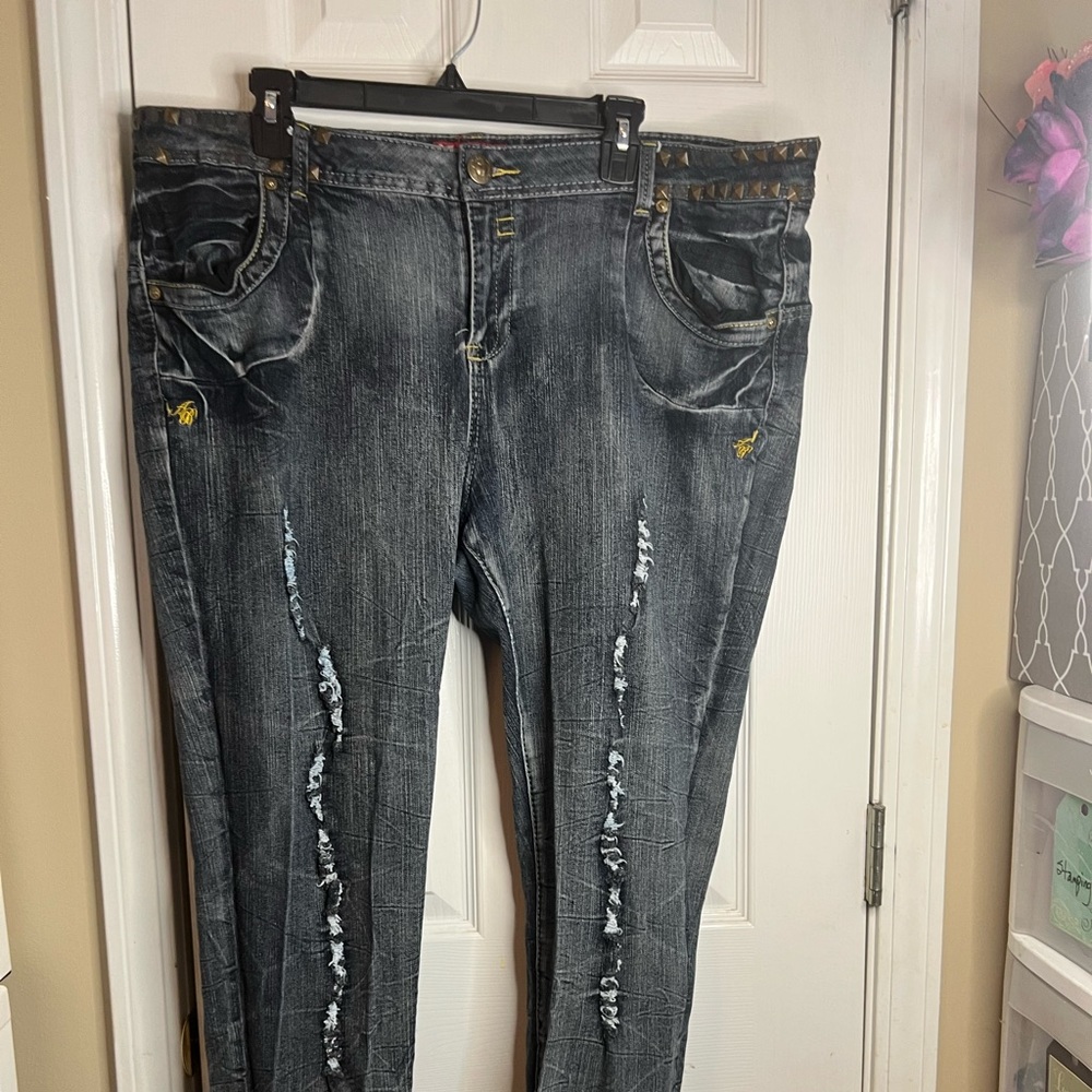 Apple Bottoms Distressed Dark Wash Jeans with Stud Accents